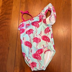 Teal blue one piece bathing suit with pink flamingos